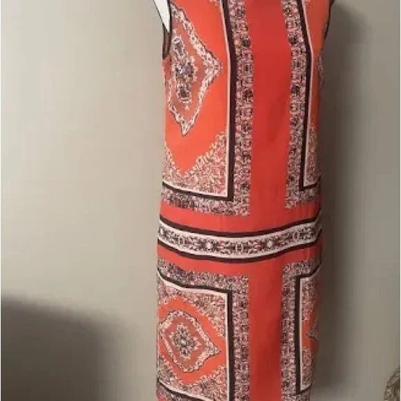 EUC Carmen Elegant Orange Patterned Sleeveless Dress, Lined with Zipper Back - Picture 9 of 12
